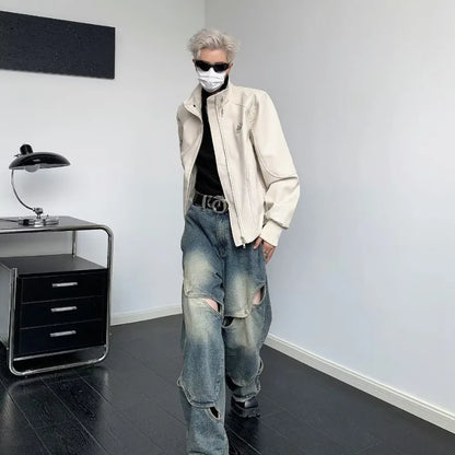 punk leather jacket mens spring standing collar trendy high street coats y2k streetwear hip hop motorcycle outwear 2024 new unique default style 2233