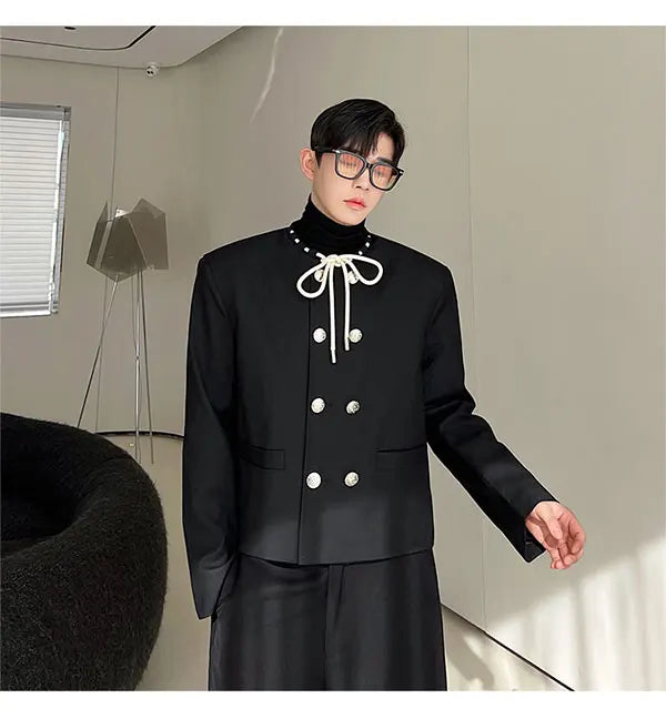men double breasted drawstring collar loose casual fashion short jacket male korean streetwear vintage coat man unique shorts style 370