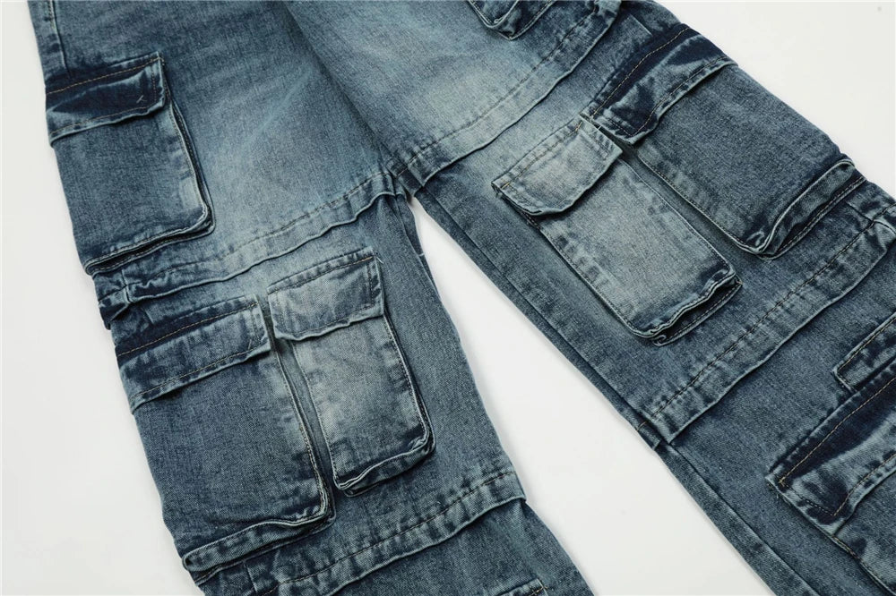 vintage multi pocket jeans mens harajuku cargo denim pants retro hip hop straight loose jean pants men clothing unique cargo style 592