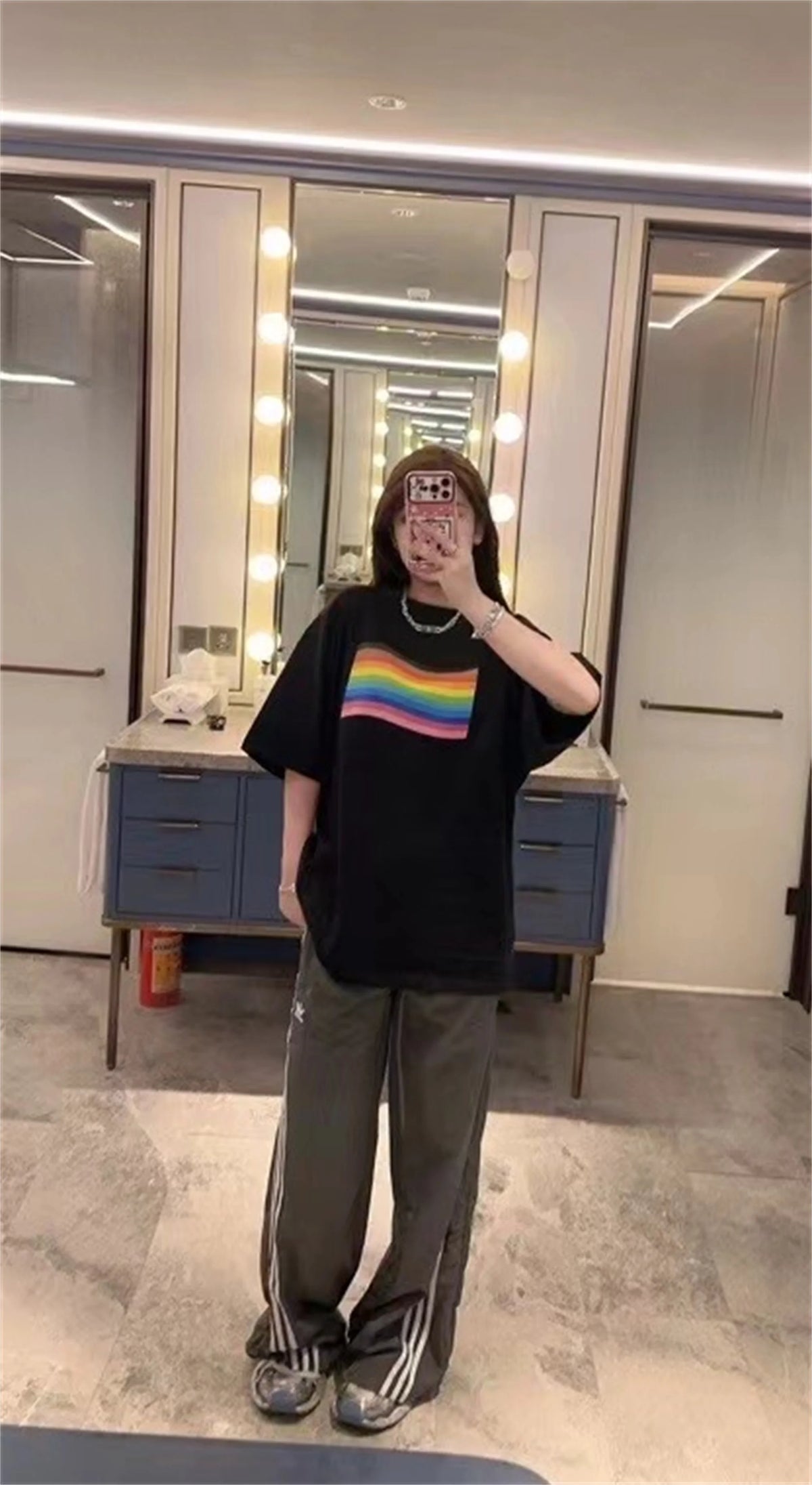 24SS BALCG style rainbow flag logo printed reverse sewn pure cotton Oversized loose short sleeved T-shirt Tops For Summer Street King Limited