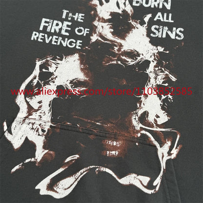 Autumn New 2024 Vintage American Long sleeved Hoodie Men's Heavyweight Flame Print High Street Tops Oversize Trendy Fashion Street King Limited