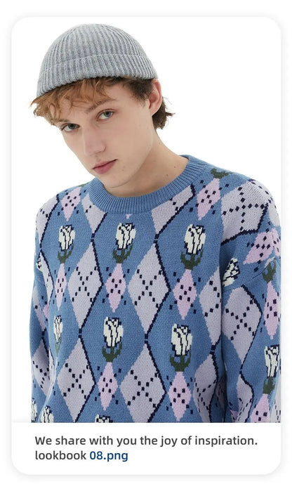 Japanese trend ins retro literary simple sweater winter versatile casual couple Y2K men and women loose round neck sweater tops Street King Limited