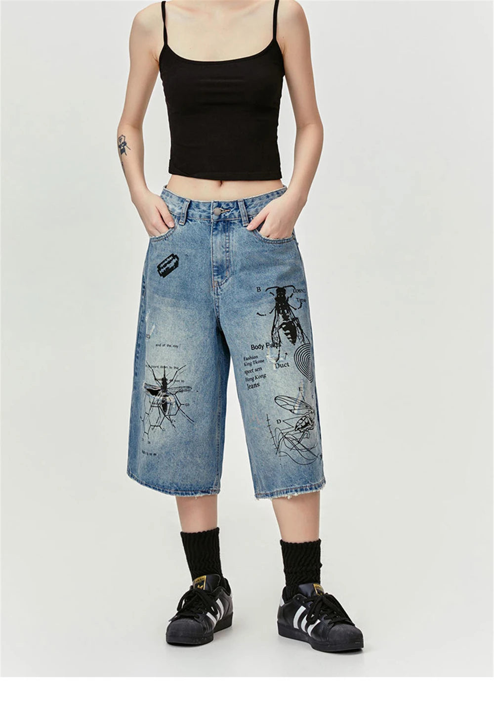 Men's Ripped Denim Shorts 2024 Summer Fashion Graffiti Insect Patterned Jeans Shorts Harajuku Streetwear Short Pants Y2K Street King Limited