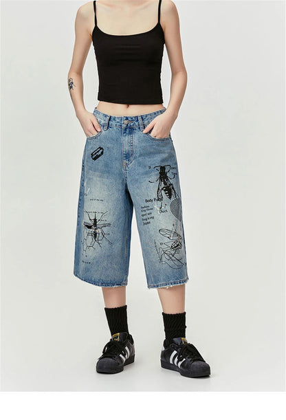 Men's Ripped Denim Shorts 2024 Summer Fashion Graffiti Insect Patterned Jeans Shorts Harajuku Streetwear Short Pants Y2K Street King Limited