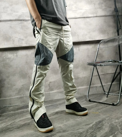 three dimensional adhesive zipper splicing functional patchwork cargo trousers mens high street vibe thin nylon cargo pants unique cargo style 938