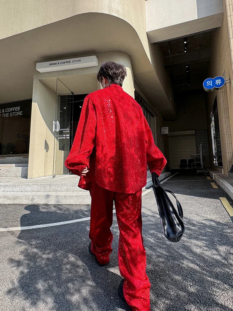mens sequin 2 piece sets loose casual long sleeve shirt pant stage fashion party show clothing dress shirts trousers costumes urban fashion pants