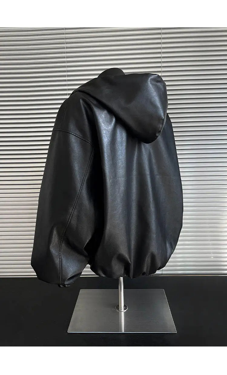 pu leather bomber jacket men streetwear fashion loose casual vintage leather hooded short motorcycle jacket hoody coat outerwear unique shorts style 573