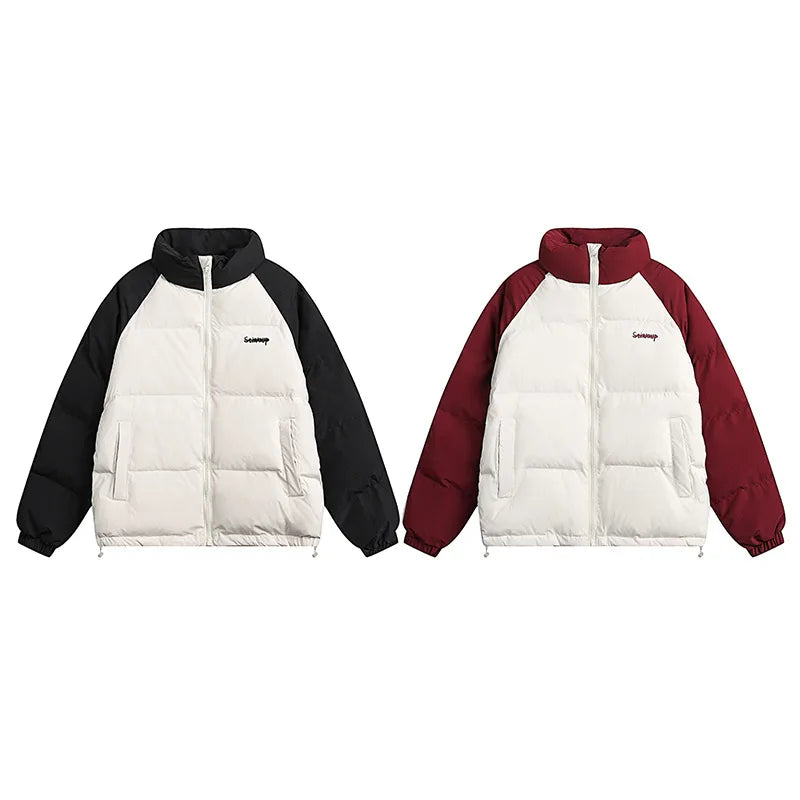 Men Down Jackets Letter Printed Stitching Stand Collar Cotton Coat American Retro Raglan Sleeve Warm Casual Puffer Unisex Street King Limited