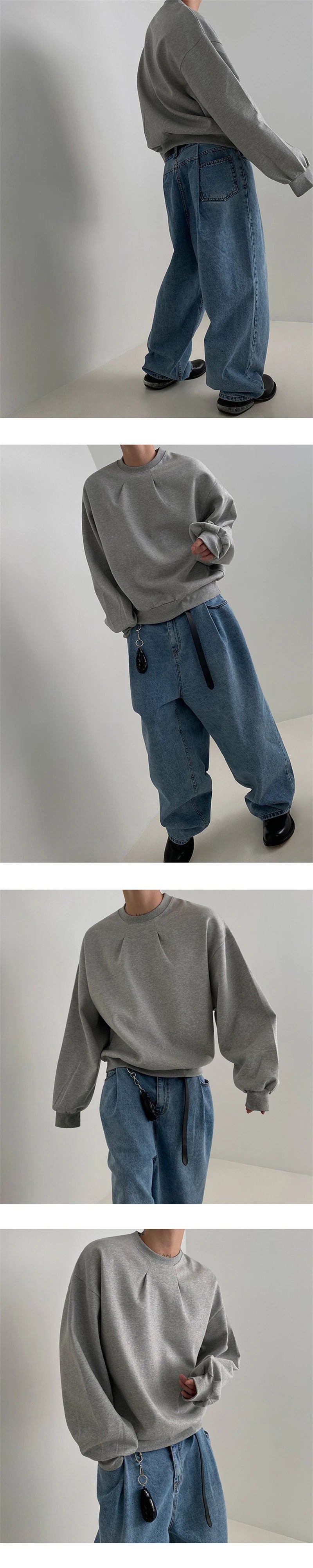 2024 Korean Fashion Crewneck Sweatshirts For Men Casual Design Pullover Y2K Hoodies Solid Color Streetwear Long Sleeve Tops Street King Limited