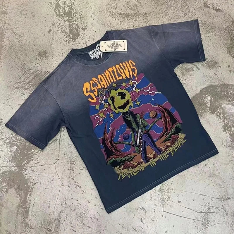 2024ss Saint Louis T-shirts Men Woman Good Quality Cotton Loose Wash White Nightmare Debris Printing Top Tees Street King Limited