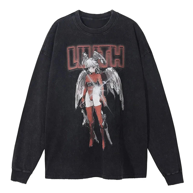 Hip Hop Cartoon Comics Wings Girl Graphic Print O-neck Sweatshirt for Men Autumn New Fashion Distressed Oversized Pullover Y2K Street King Limited