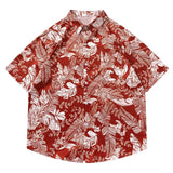 Men Red Hawaiian Shirts Summer Floral Leaves Print Short Sleeve Blouse Vintage Loose Streetwear Couple Holiday Beach Tops Street King Limited