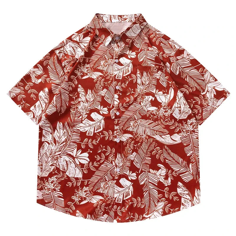 Men Red Hawaiian Shirts Summer Floral Leaves Print Short Sleeve Blouse Vintage Loose Streetwear Couple Holiday Beach Tops Street King Limited