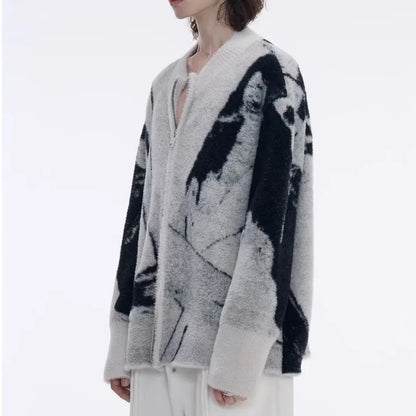 Color Blocked Gradient Cardigan Mens Imitation Mink Fur Jacquard Trend Couple Knitted Jacket Zipper High Street Sweater Coats Street King Limited