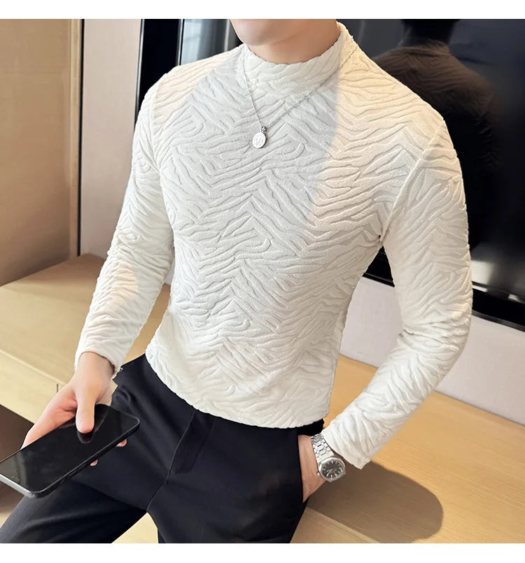 Semi-turtleneck Stretch Slim Fit T Shirt Men Long Sleeve Thicken Velvet Tiger-pattern Bottom T-shirt Business Casual Tshirt Street King Limited