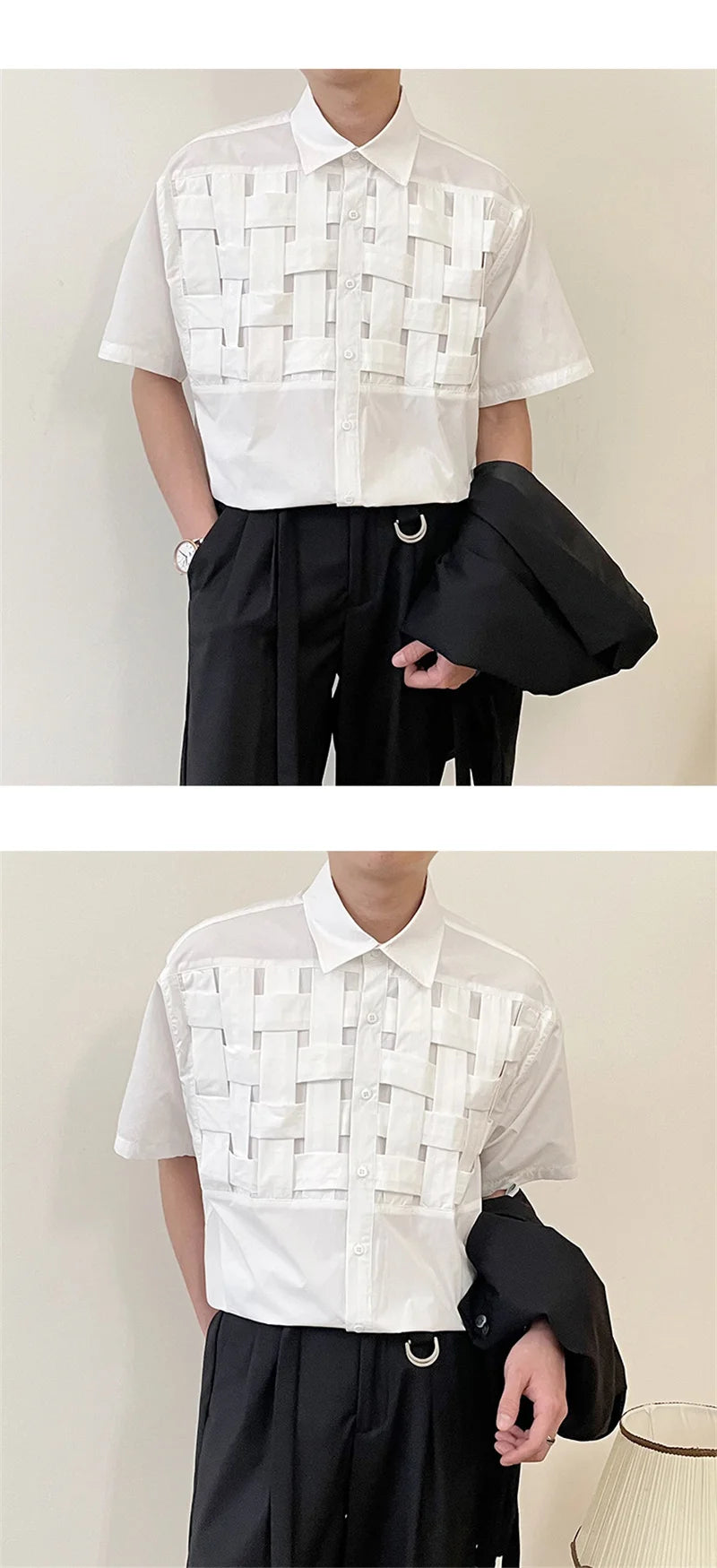 Streetwear Summer High Street Knitting Short Sleeve Mens Shirts Luxury Social Sol Summer High Street Knitting Short Sleeve Mens Shirts Luxury Social Solid Shirt Korean Fashion Y2K Clothes Camisas De Hombre Fashion Sweater Jacket With Graphic Design For Men