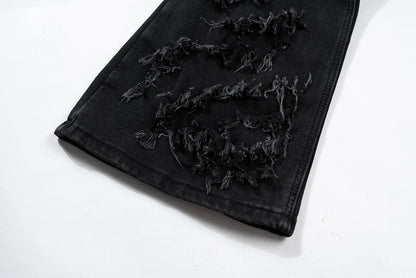 ro ribbons tassel high elasticity black jeans for men pantalones hombre straight baggy flare pnats oversized y2k denim trousers unique jeans style 3715