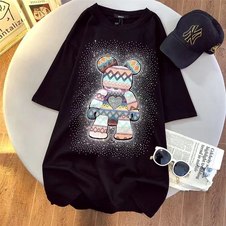 Chic Diamonds Bear Embroidery Cute T Shirts 5XL Oversized Loose Summer Cotton Y2k Tops Japan Kawaii Harajuku White Graphic Tee Street King Limited