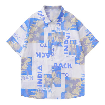 Men Short Sleeve Shirts American Street Graffiti Printed Blouses Hong Kong Style Retro Loose Casual Summer Tops Unisex Street King Limited