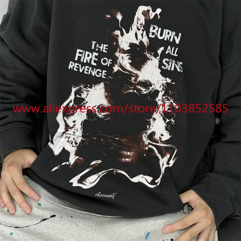 Autumn New 2024 Vintage American Long sleeved Hoodie Men's Heavyweight Flame Print High Street Tops Oversize Trendy Fashion Street King Limited