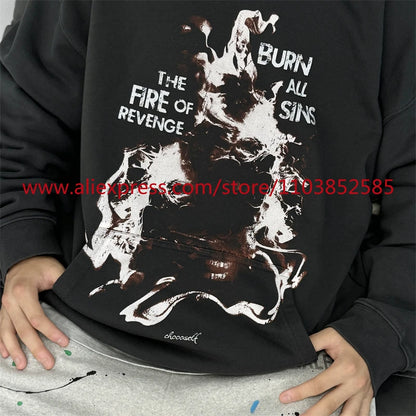 Autumn New 2024 Vintage American Long sleeved Hoodie Men's Heavyweight Flame Print High Street Tops Oversize Trendy Fashion Street King Limited
