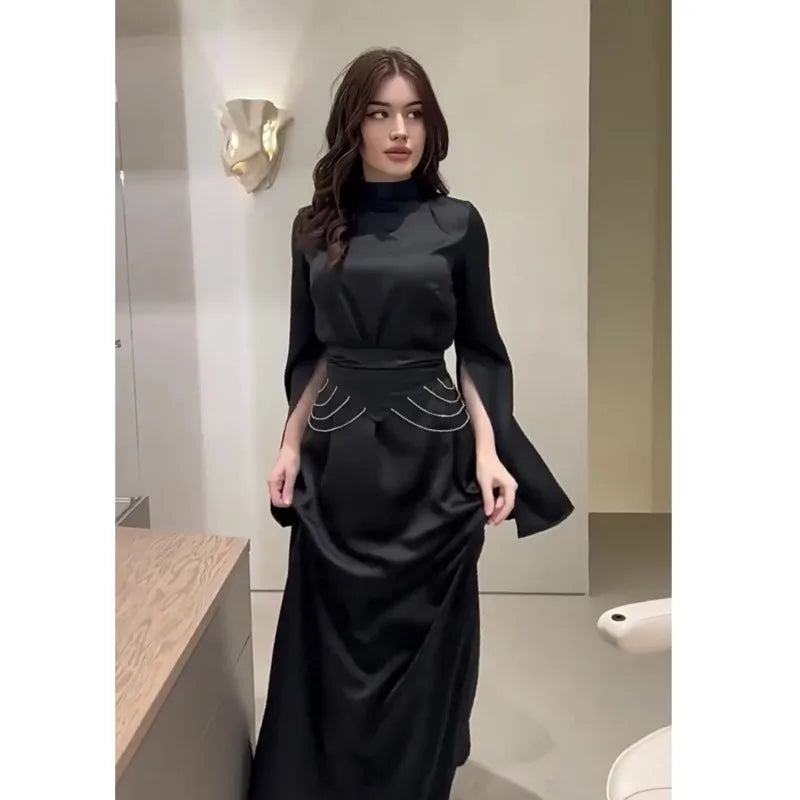 Elegant Lady Long Satin Dress Half High Collar Flare Sleeves Party Bodycon Dress Streetwear Solid Slim Evening Dresses For Women Street King Limited
