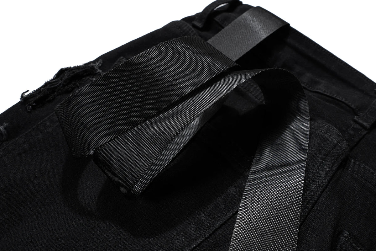 ro ribbons tassel high elasticity black jeans for men pantalones hombre straight baggy flare pnats oversized y2k denim trousers unique jeans style 3714