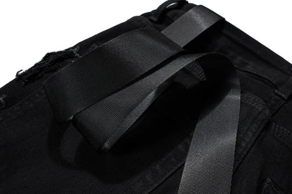 ro ribbons tassel high elasticity black jeans for men pantalones hombre straight baggy flare pnats oversized y2k denim trousers unique jeans style 3714