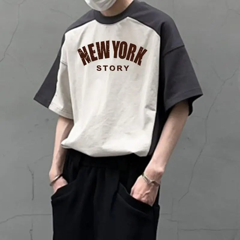 European and American high street Hong Kong style color-blocked short-sleeved T-shirts for men and women retro tops new style Street King Limited