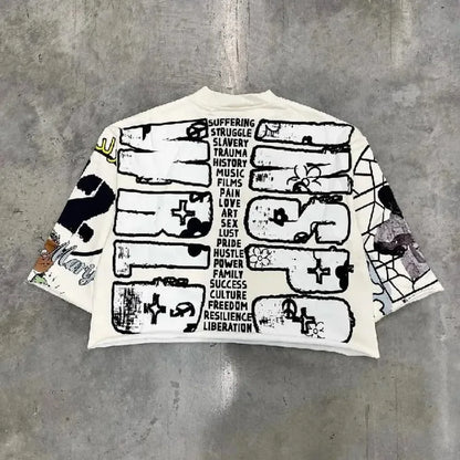 Hip Hop Graffiti Y2K T Shirt Mid Long Sleeve Men Women Punk Style Graphic Printed Oversized T Shirt Harajuku Loose Short Sleeved Street King Limited