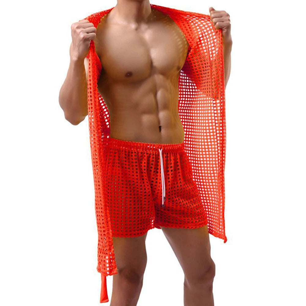 Men Robes Brand Male Sexy Bathrobe Sleepwear Sleeveless Bath Robe Sleep Lounge Badjas Cutout Cardigan Loungewear Mesh Menswear Street King Limited