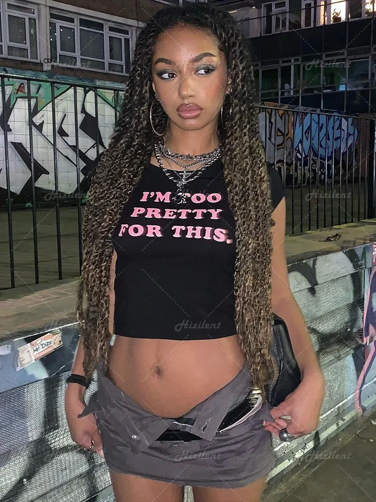 2000s Letter Print Cute Baby Tees Streetwear Harajuku Goth Short Sleeve T-shirts Y2K Fashion Summer E-girl Black Crop Tops Slim Street King Limited