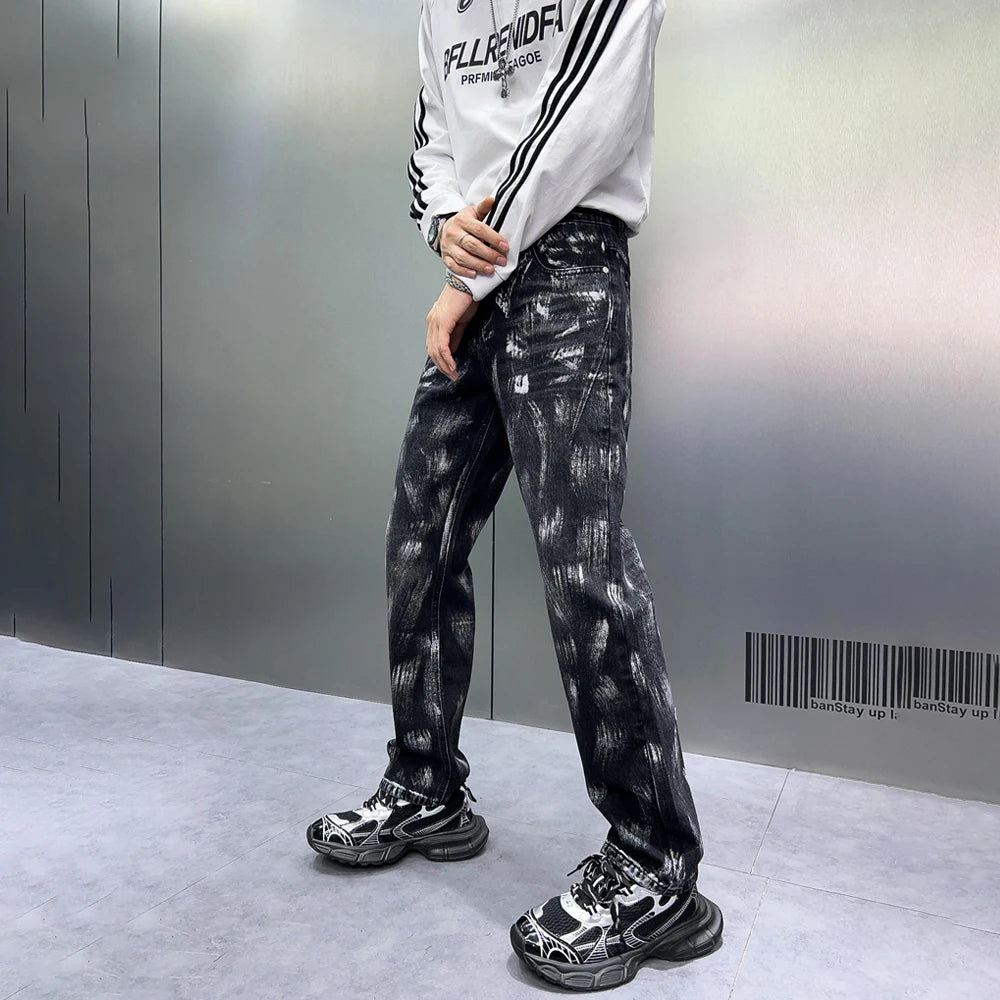 2024 y2k fashion streetwear wide leg denim pants men loose straight jeans high street spring autumn graffiti baggy trousers urban skinny jeans