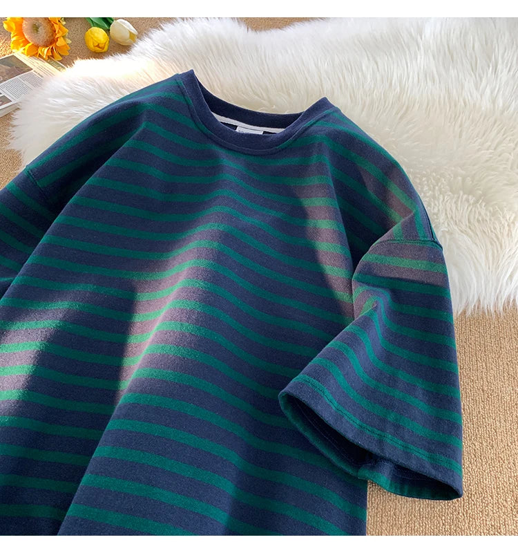 Japanese Striped Contrasting Color Short-Sleeved T-Shirt Men's Summer Pure Cotton 280g Heavy Loose Half-Sleeved T-Shirt Street King Limited