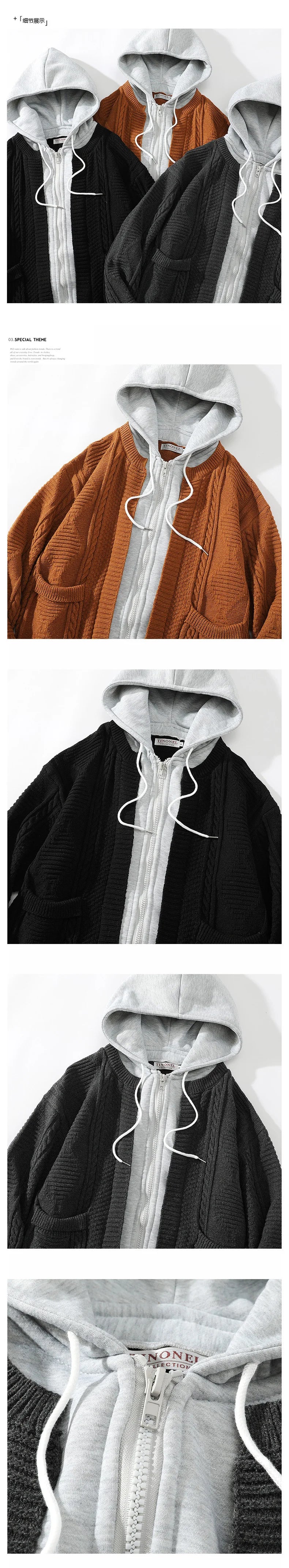 men hooded knitted cardigan sweater coat autumn winter fake two piece hooded drawstring jacket unisex streetwear unique default style 1091