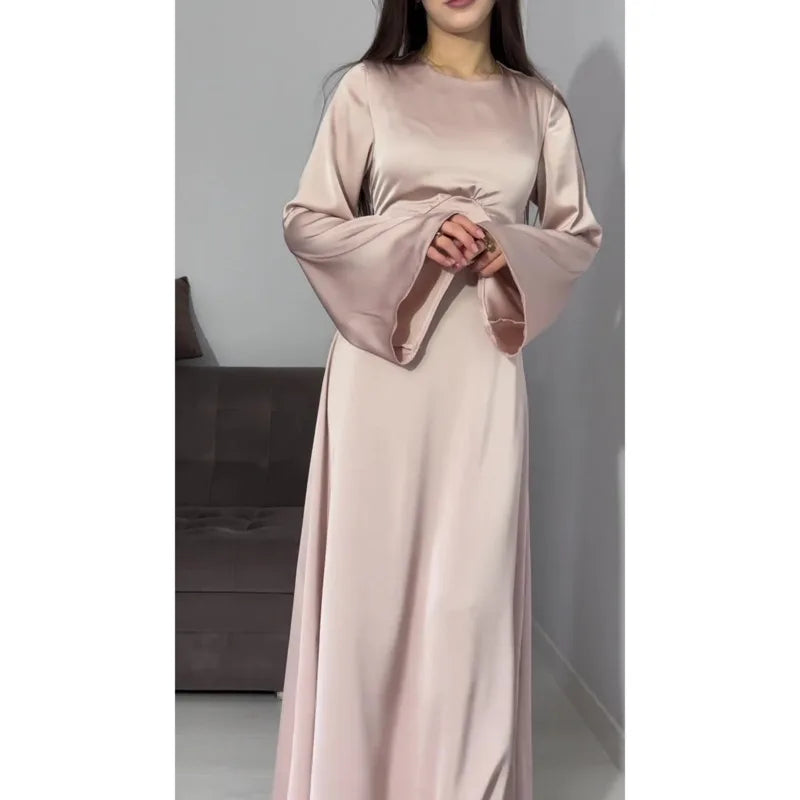 2024 Women Satin Long Dresses Sexy Lace Up Slim Evening Dresses Simple Round Neck Flare Sleeve Birthday Party Dresses For Women Street King Limited