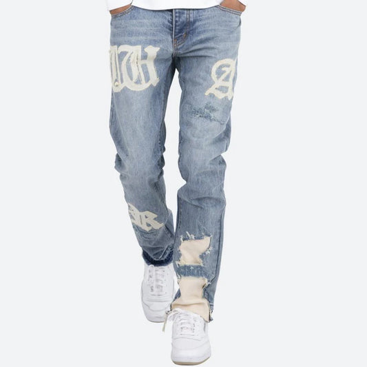 Vintage Washed Letter Embroidery Ripped Hole Blue Men's Jeans Straight Frayed Streetwear Hip Hop Loose Unisex Denim Trousers Street King Limited