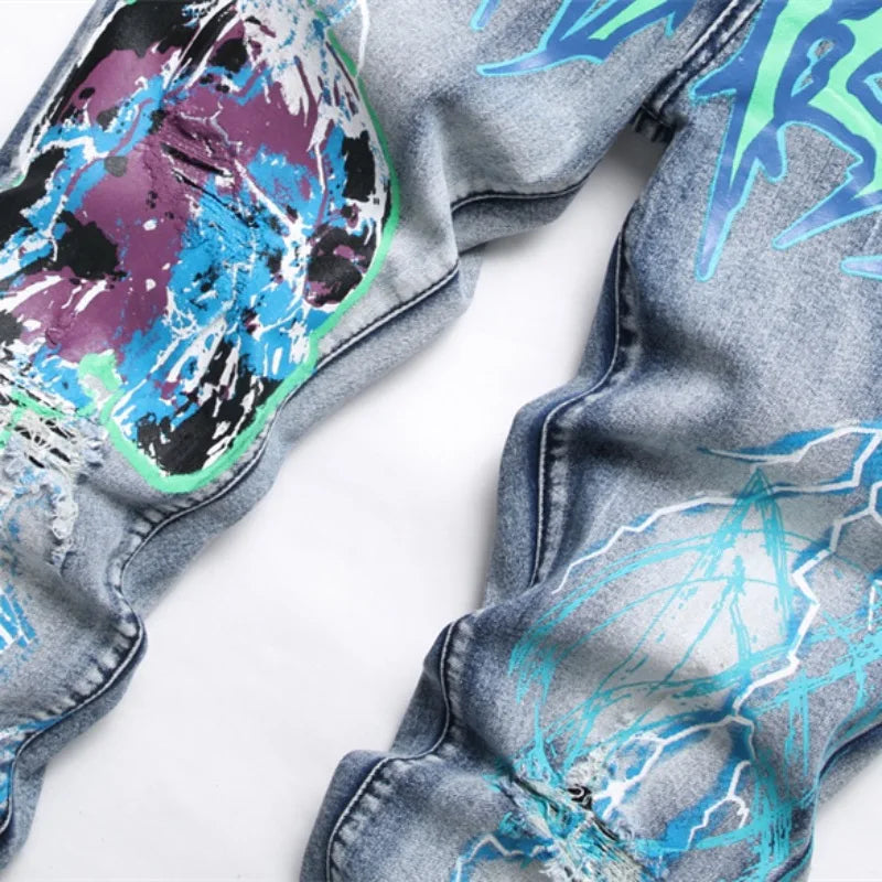 fashion skull graffiti jeans lightning printed denim pants mens distressed biker jeans streetwear slim hip hop pants joggers urban active pants