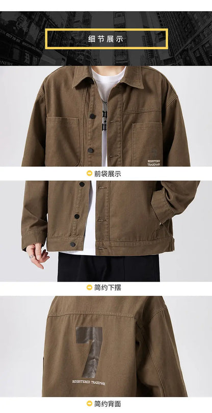 american retro workwear jacket for boys loose spring and autumn high street japanese style khaki casual trendy denim jacket tops unique jeans style 4895
