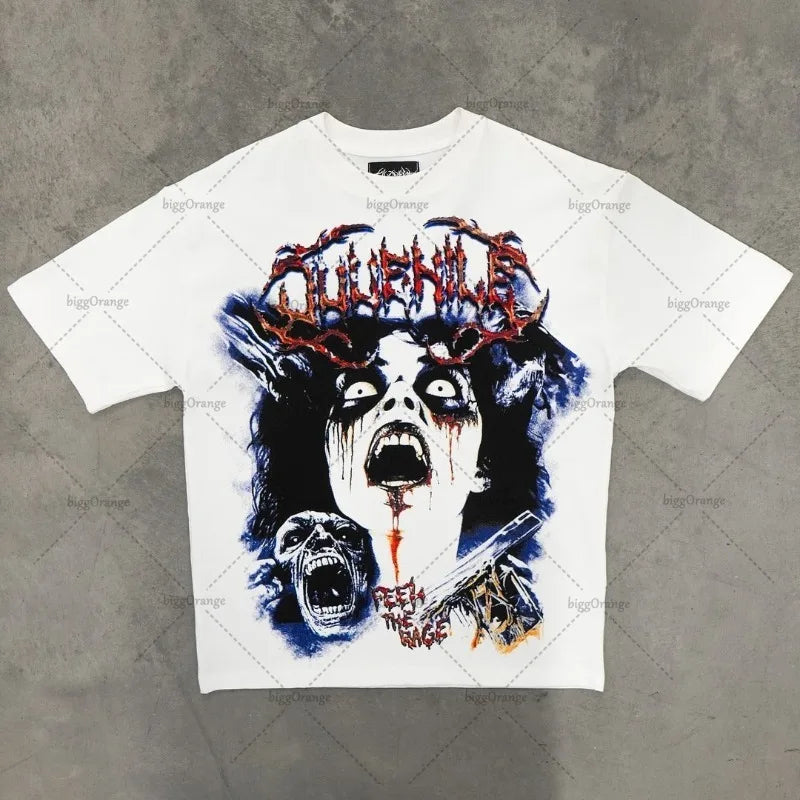 Trendy Brand Rock Punk Streetwear Y2K Harajuku Gothic Retro Pattern Printed Oversized T-shirt Men American Hip-hop Casual Tops Street King Limited
