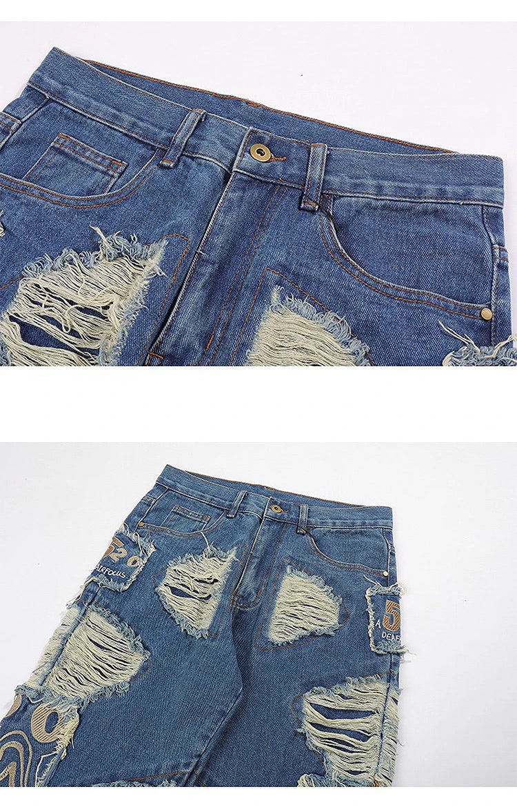 fashion embroidery destroyed ripped tassel holes denim jean pants mens casual loose straight jeans hip hop streetwear joggers unique joggers style 3342
