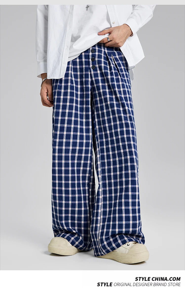men women american streetwear fashion loose plaid wide leg straight pant boyfriend button down sports casual pants trousers unique default style 1409