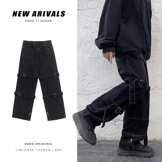 Hip Hop Jeans Men Fashion Pocket Blue/Black Baggy Jeans Mens Streetwear Loose Hip Hop Straight Cargo Denim Pants Mens Trousers Street King Limited