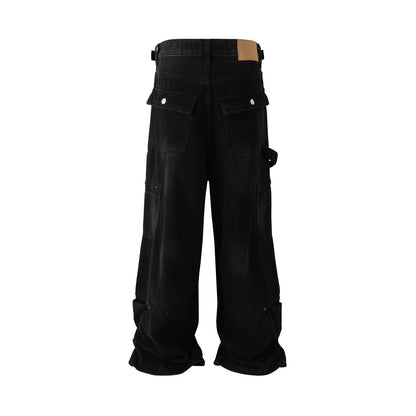 high street multi pocket washed black cargo pants for men wide leg baggy casual jeans oversized baggy denim trousers 2 military streetwear pants
