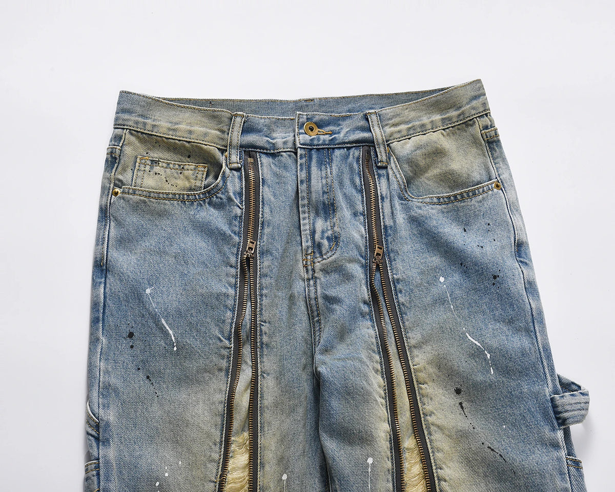 front zipper hole distressed washed vintage mens jeans pants harajuku y2k straight ink painted baggy denim trousers oversized ripped baggy denim