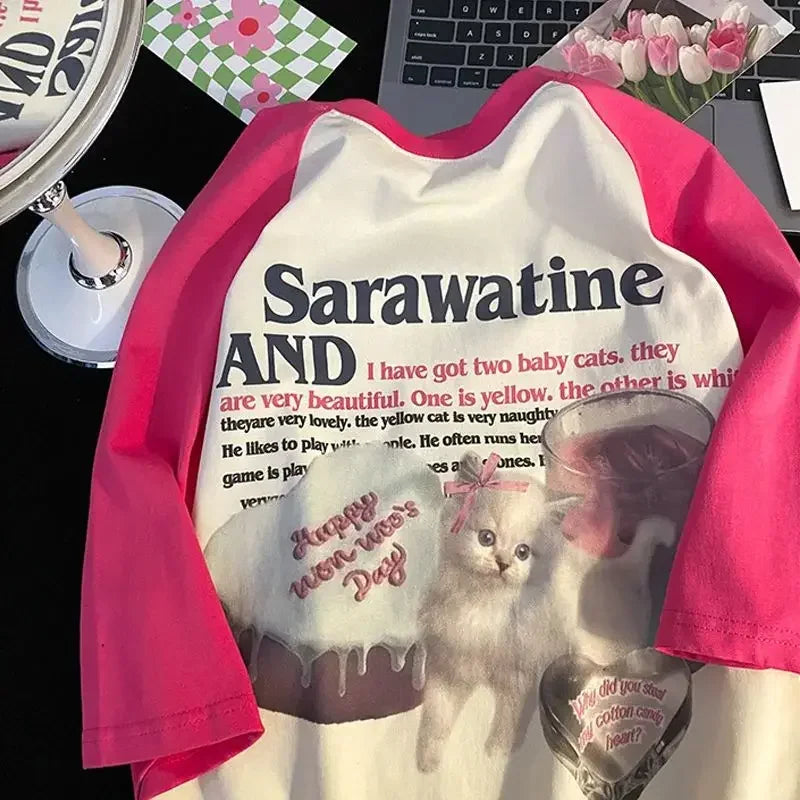 Pure cotton summer new cat print raglan sleeves short sleeved t-shirt women loose sweet splicing contrast color top ins tide Street King Limited