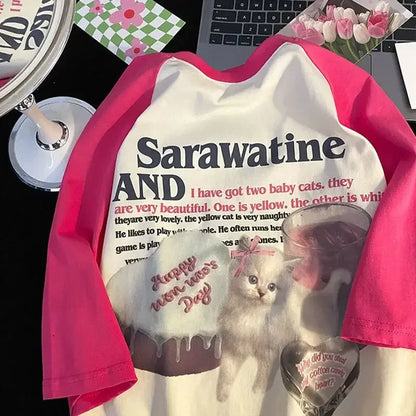 Pure cotton summer new cat print raglan sleeves short sleeved t-shirt women loose sweet splicing contrast color top ins tide Street King Limited