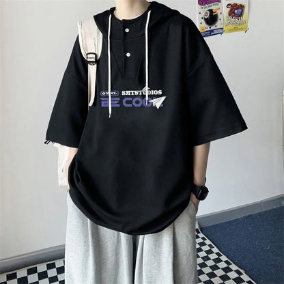 New Men's Casual Hooded Y2K T-Shirt Summer Short Sleeve Letter Printed T Shirts Hombre Oversized Hip Hop Fashion Gym Tee Tops Street King Limited