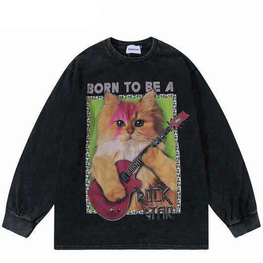 Hip Hop Long Sleeve Tshirt Streetwear Guitar Cat Graphic Printed Cotton Retro Washed T-Shirt Men Harajuku Punk Gothic Tee Shirts Street King Limited