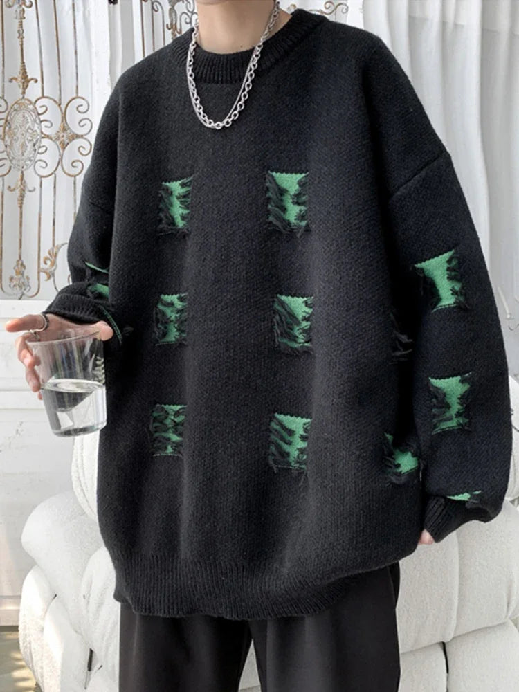 2025 New Ripped Design Crewneck Sweater For Men High Street Patchwork Knitted Jumpers Y2K Vintage Christmas Knitwear Pullovers Street King Limited